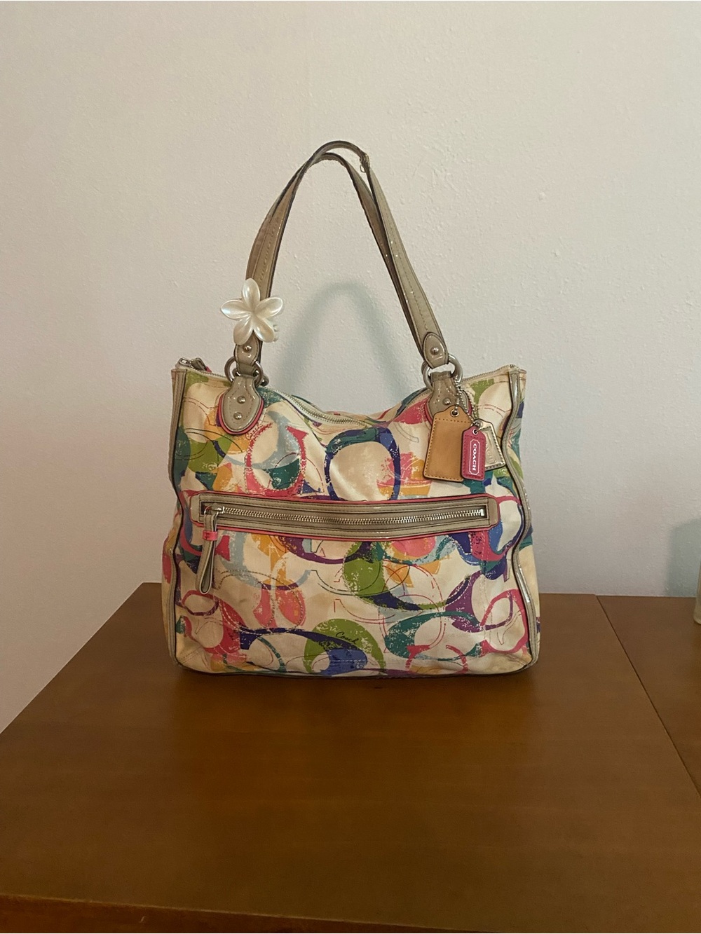 Coach Multicolor Circle Print Shoulder Bag with Tan Leather Handles